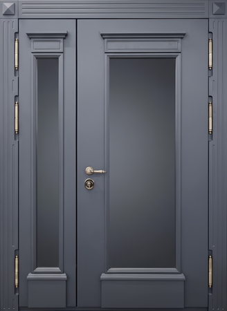 Полуторастворчатая стальная термодверь с большими стеклами и панелями МДФ антрацит с багетом